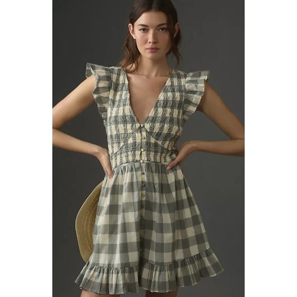 Anthropologie The Peregine Smocked Bodice Checkered Mini Dress Green Size XS - Picture 1 of 14